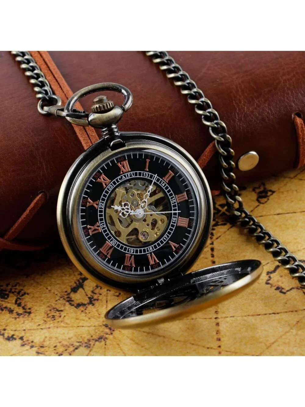 Men's Black Bronze Two Swallows Skeleton Roman Numerals Mechanical Pocket Watch